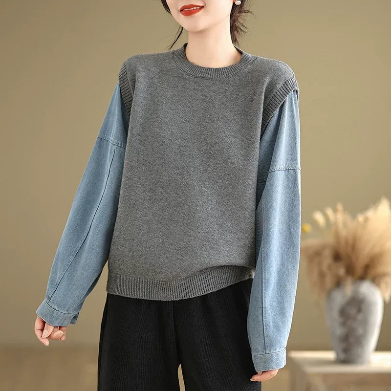 Contrast Sleeve Ribbed Crew Neck Knit Sweater