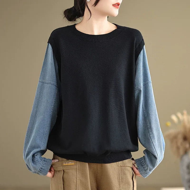 Contrast Sleeve Ribbed Crew Neck Knit Sweater