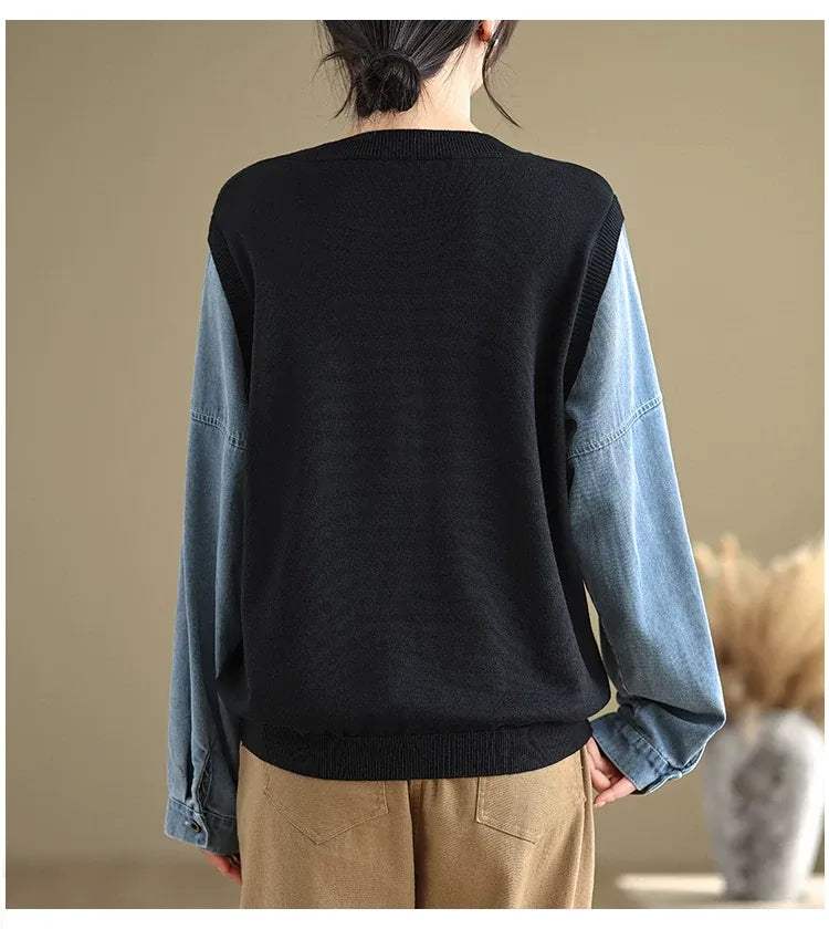 Contrast Sleeve Ribbed Crew Neck Knit Sweater