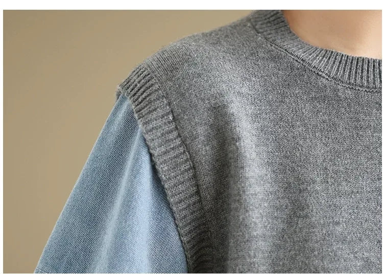 Contrast Sleeve Ribbed Crew Neck Knit Sweater