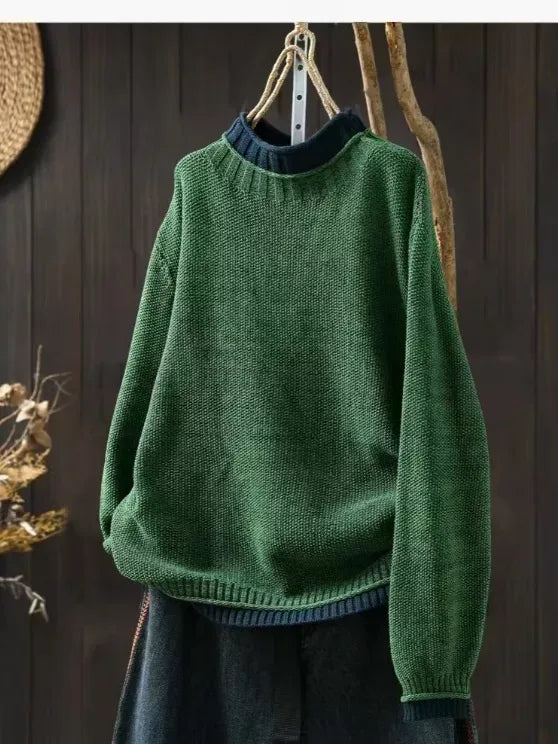 Contrast Trim Layered Neckline Cotton Yarn Knit Pullover