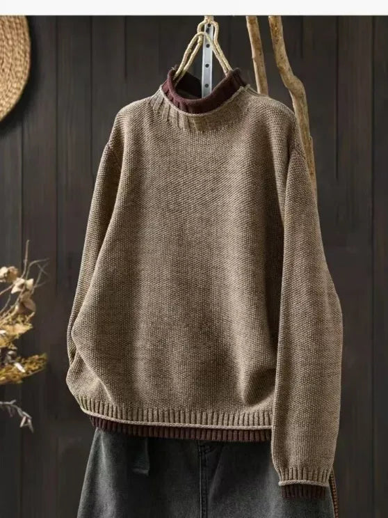Contrast Trim Layered Neckline Cotton Yarn Knit Pullover