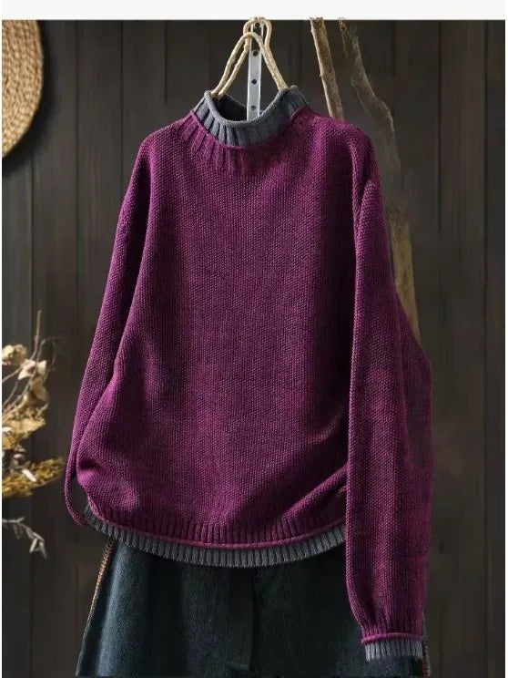 Contrast Trim Layered Neckline Cotton Yarn Knit Pullover