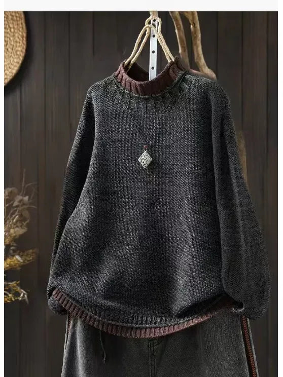 Contrast Trim Layered Neckline Cotton Yarn Knit Pullover