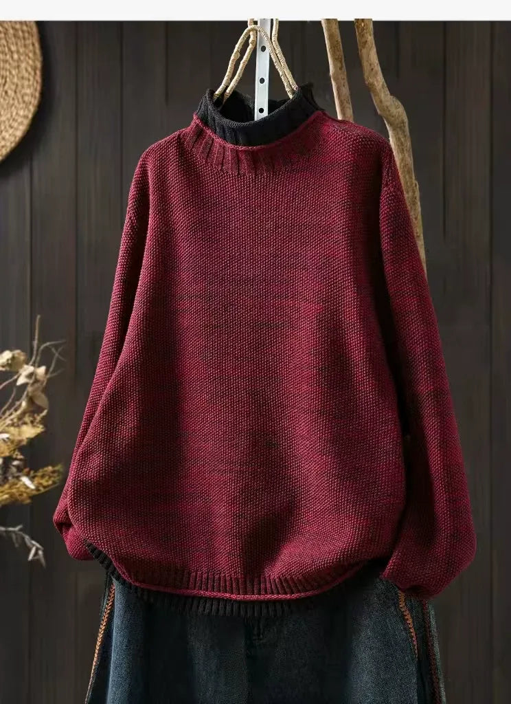 Contrast Trim Layered Neckline Cotton Yarn Knit Pullover