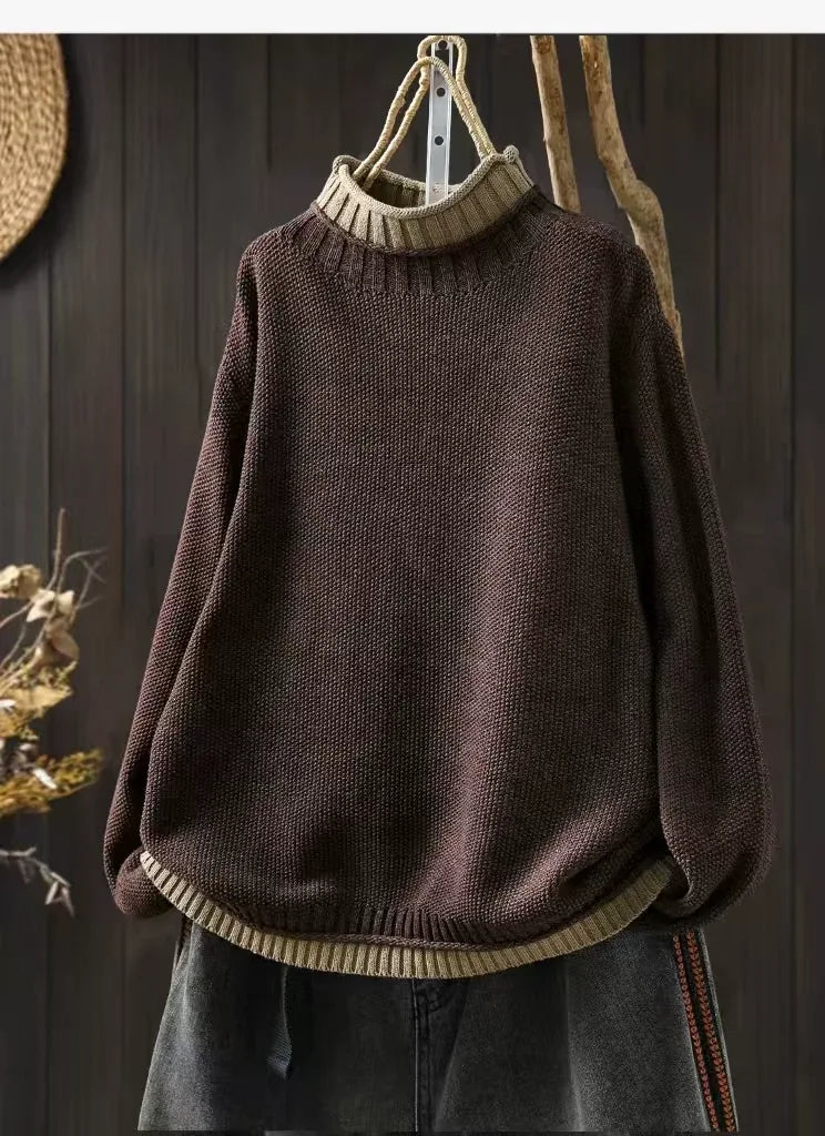 Contrast Trim Layered Neckline Cotton Yarn Knit Pullover