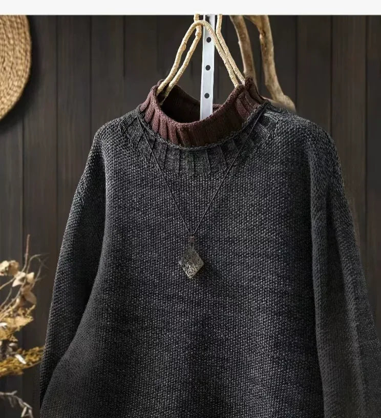 Contrast Trim Layered Neckline Cotton Yarn Knit Pullover