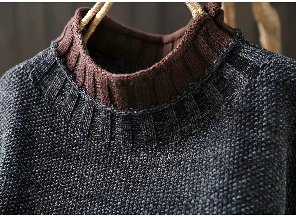 Contrast Trim Layered Neckline Cotton Yarn Knit Pullover