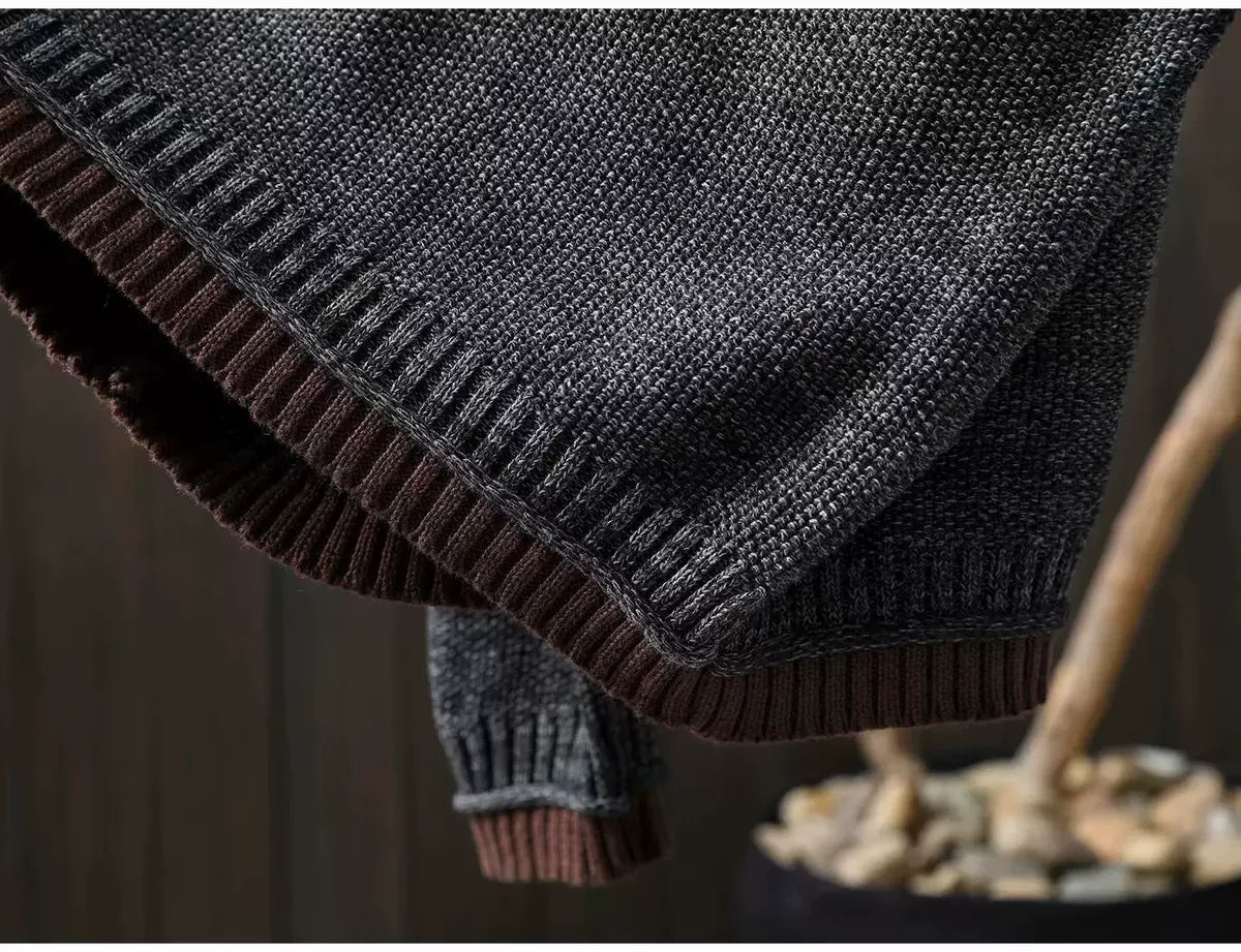 Contrast Trim Layered Neckline Cotton Yarn Knit Pullover