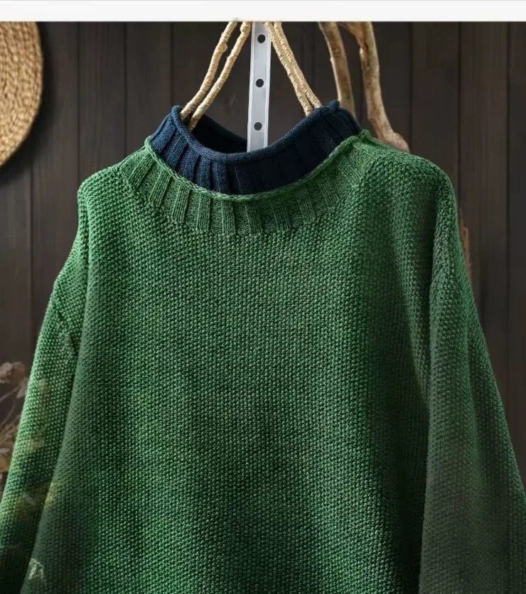 Contrast Trim Layered Neckline Cotton Yarn Knit Pullover