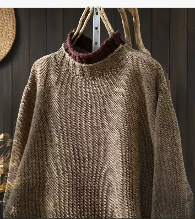 Contrast Trim Layered Neckline Cotton Yarn Knit Pullover