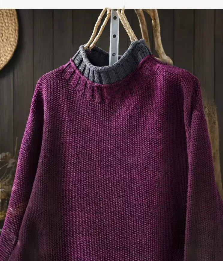 Contrast Trim Layered Neckline Cotton Yarn Knit Pullover