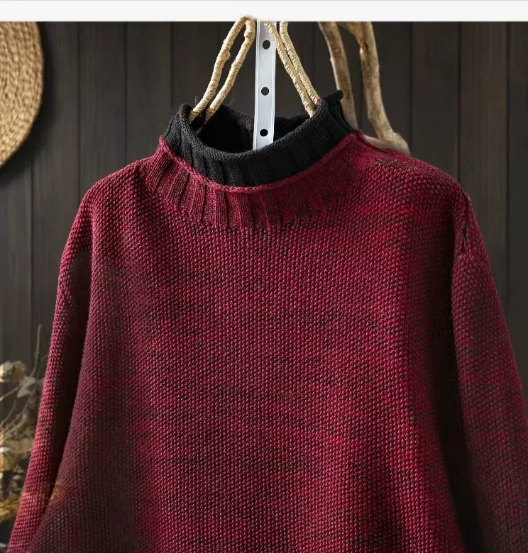 Contrast Trim Layered Neckline Cotton Yarn Knit Pullover