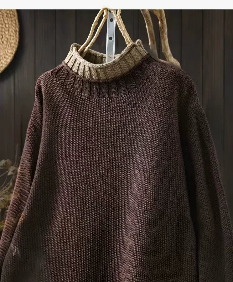 Contrast Trim Layered Neckline Cotton Yarn Knit Pullover