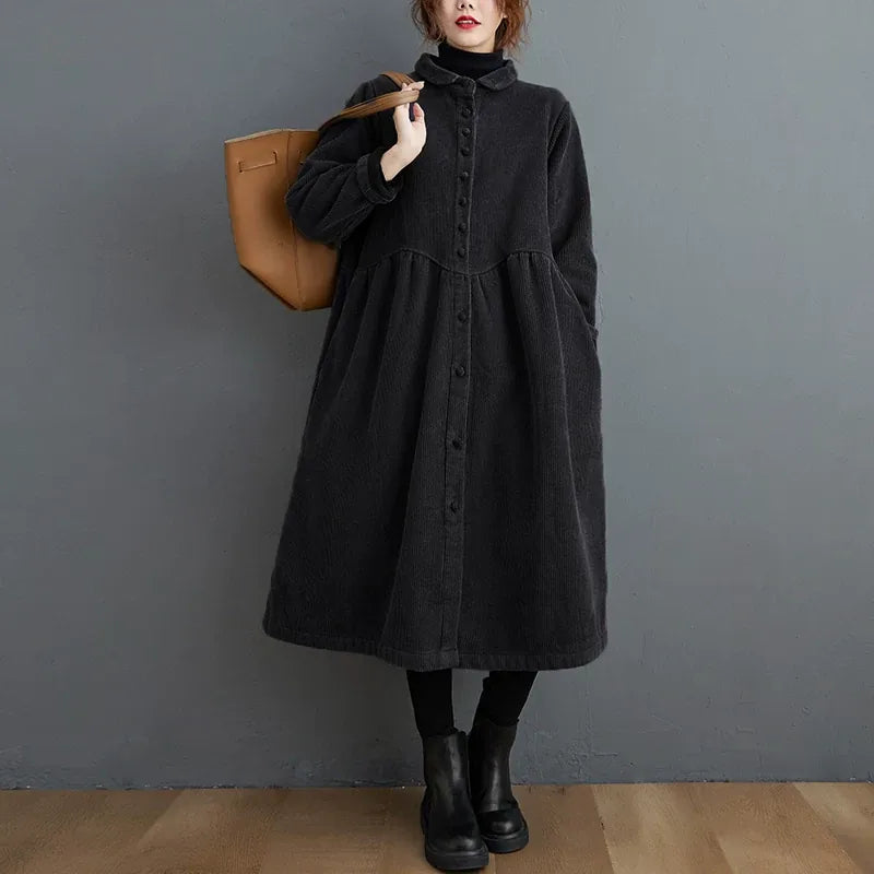 Corduroy Coat with Small Stand Collar and Gathered Waist