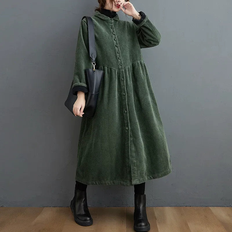 Corduroy Coat with Small Stand Collar and Gathered Waist