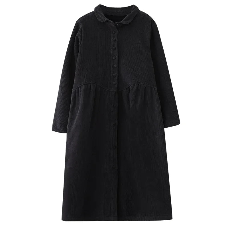 Corduroy Coat with Small Stand Collar and Gathered Waist