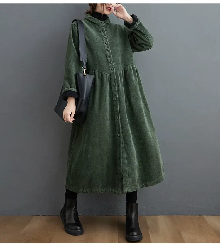 Corduroy Coat with Small Stand Collar and Gathered Waist