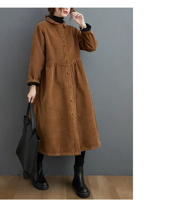 Corduroy Coat with Small Stand Collar and Gathered Waist