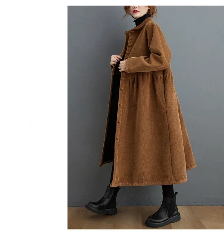 Corduroy Coat with Small Stand Collar and Gathered Waist