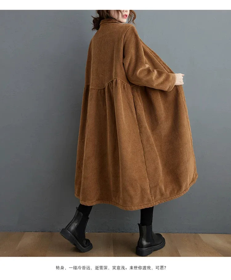 Corduroy Coat with Small Stand Collar and Gathered Waist