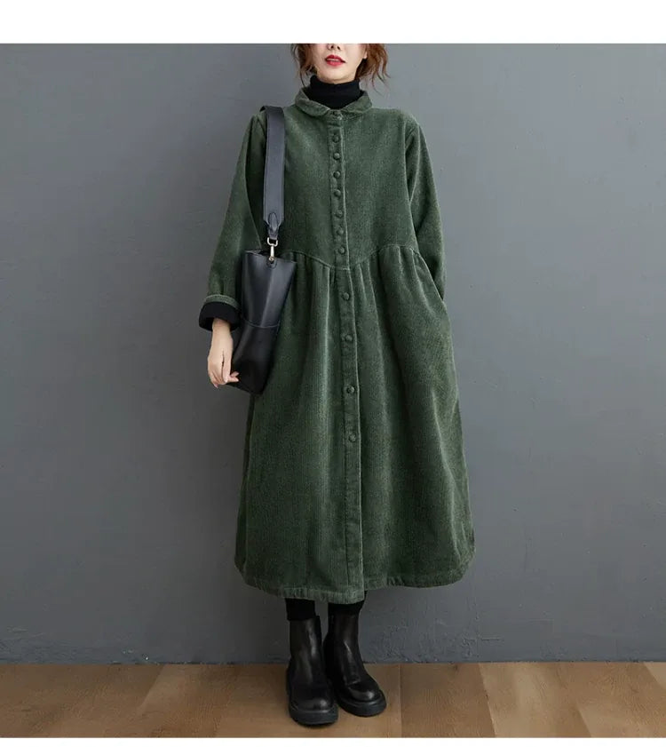 Corduroy Coat with Small Stand Collar and Gathered Waist