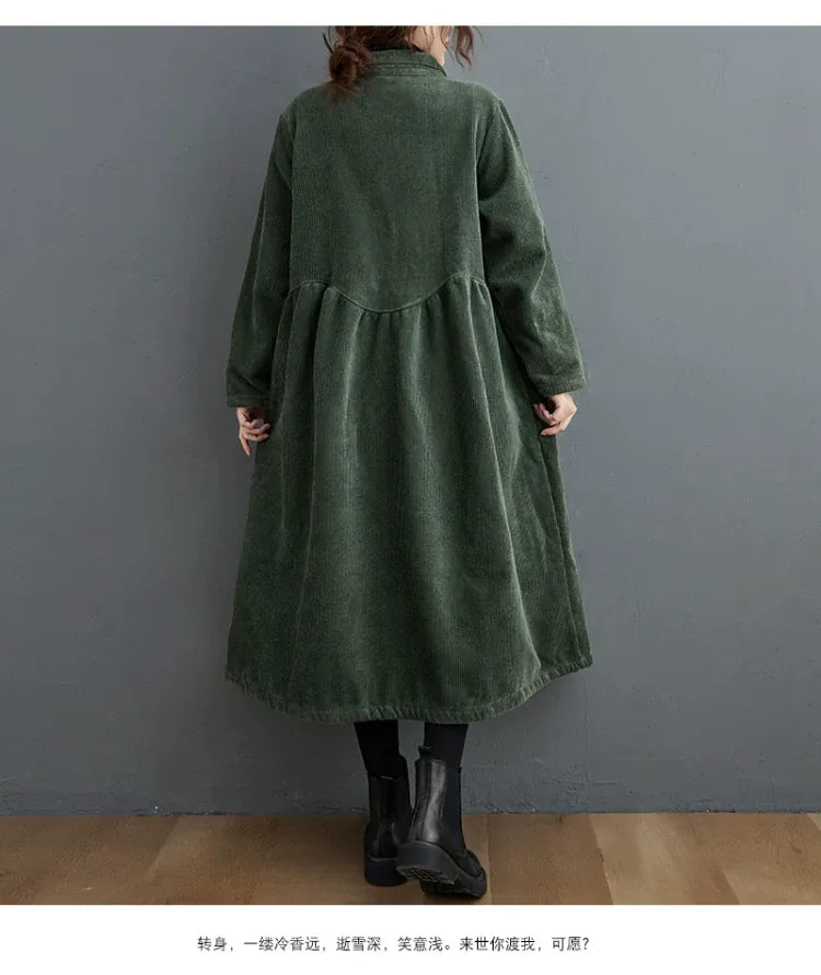 Corduroy Coat with Small Stand Collar and Gathered Waist
