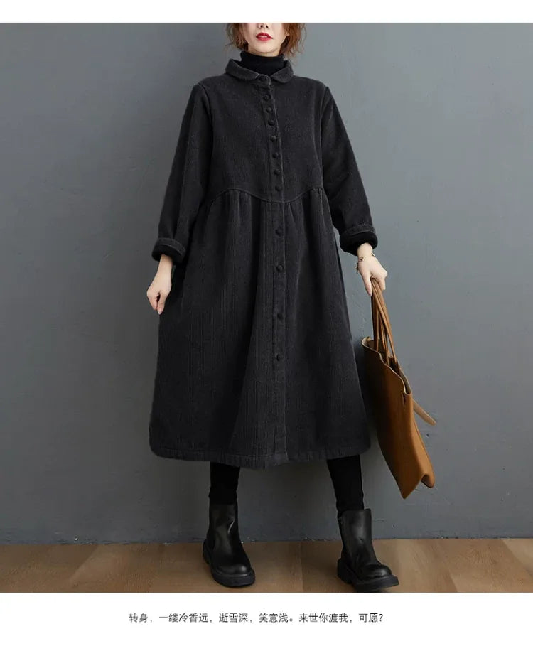 Corduroy Coat with Small Stand Collar and Gathered Waist