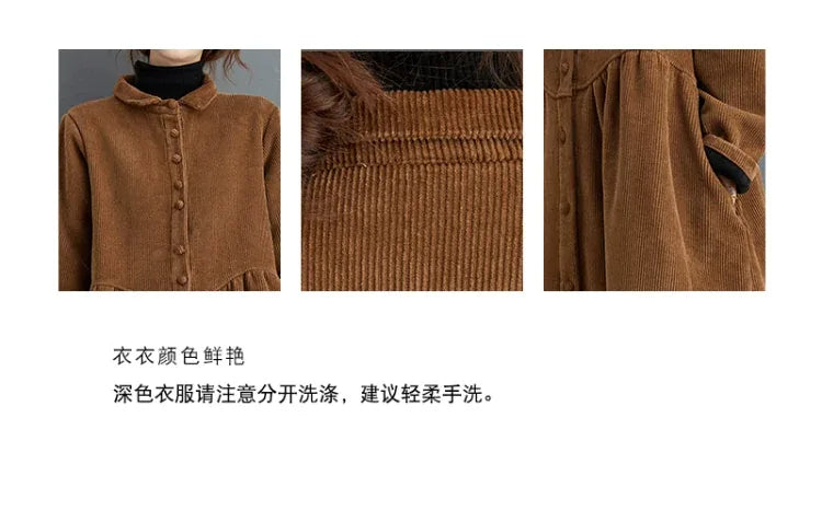 Corduroy Coat with Small Stand Collar and Gathered Waist