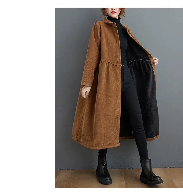 Corduroy Coat with Small Stand Collar and Gathered Waist