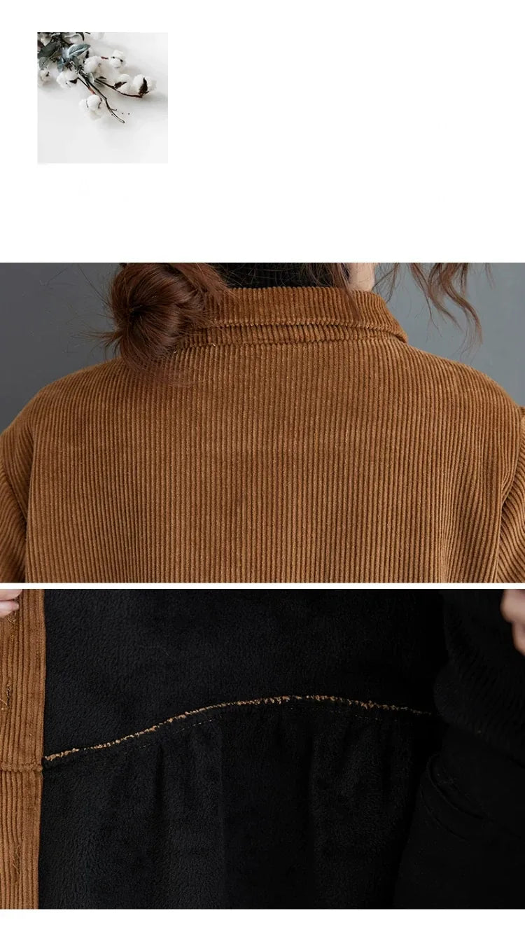 Corduroy Coat with Small Stand Collar and Gathered Waist