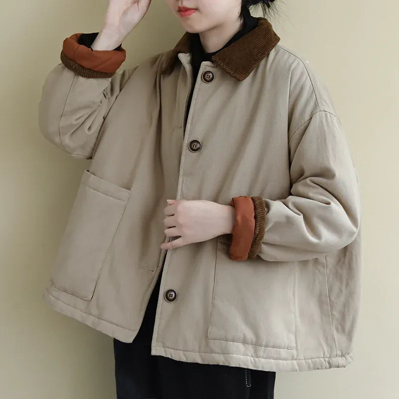 Corduroy Collar Padded Jacket with Patch Pockets