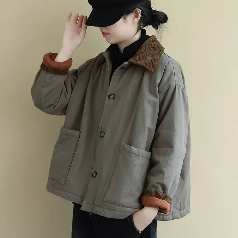 Corduroy Collar Padded Jacket with Patch Pockets