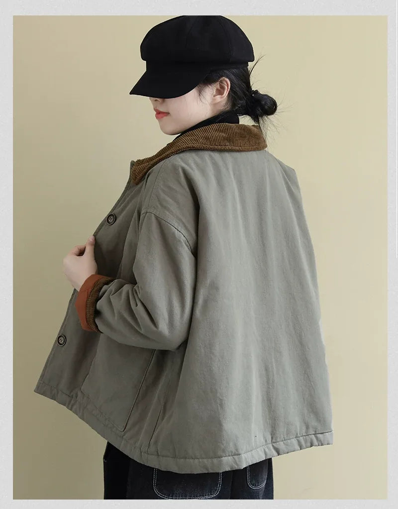 Corduroy Collar Padded Jacket with Patch Pockets