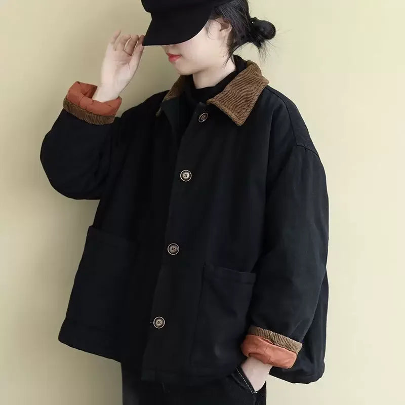 Corduroy Collar Padded Jacket with Patch Pockets