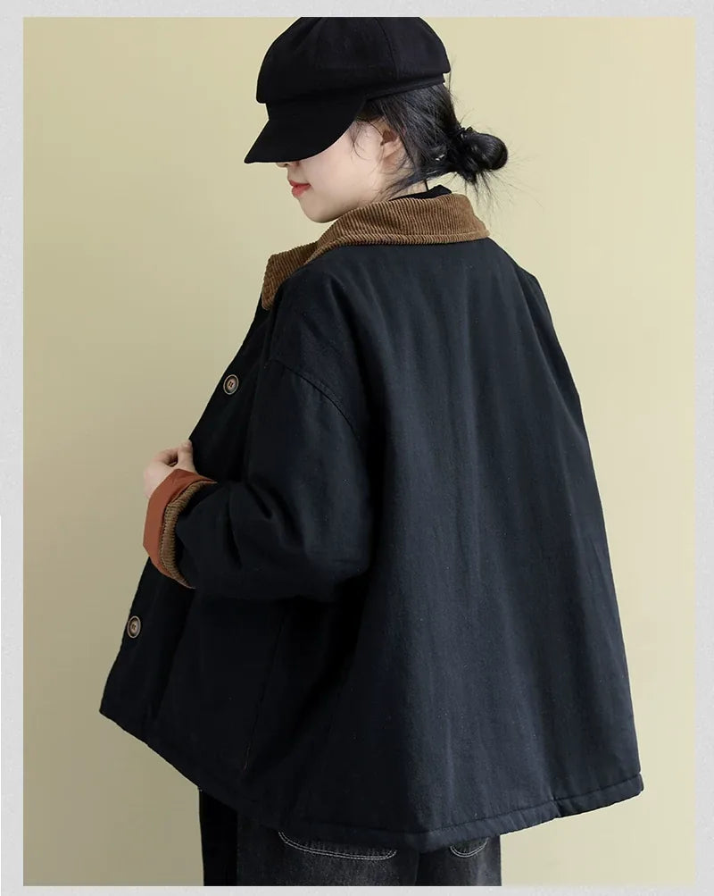 Corduroy Collar Padded Jacket with Patch Pockets
