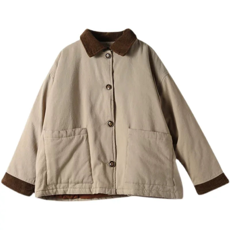 Corduroy Collar Padded Jacket with Patch Pockets