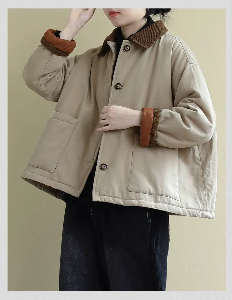 Corduroy Collar Padded Jacket with Patch Pockets