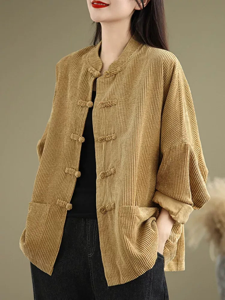 Corduroy Frog Button Mandarin Collar Batwing Sleeve Jacket