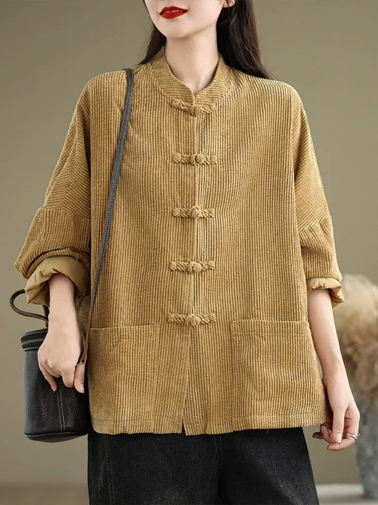 Corduroy Frog Button Mandarin Collar Batwing Sleeve Jacket