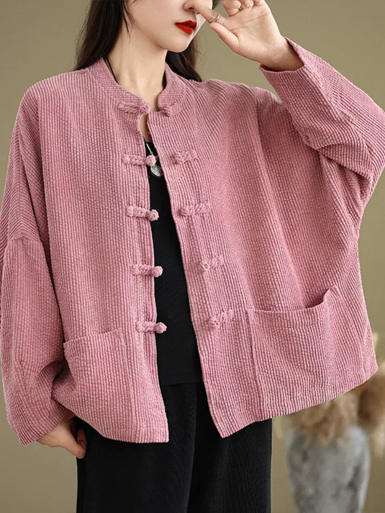 Corduroy Frog Button Mandarin Collar Batwing Sleeve Jacket