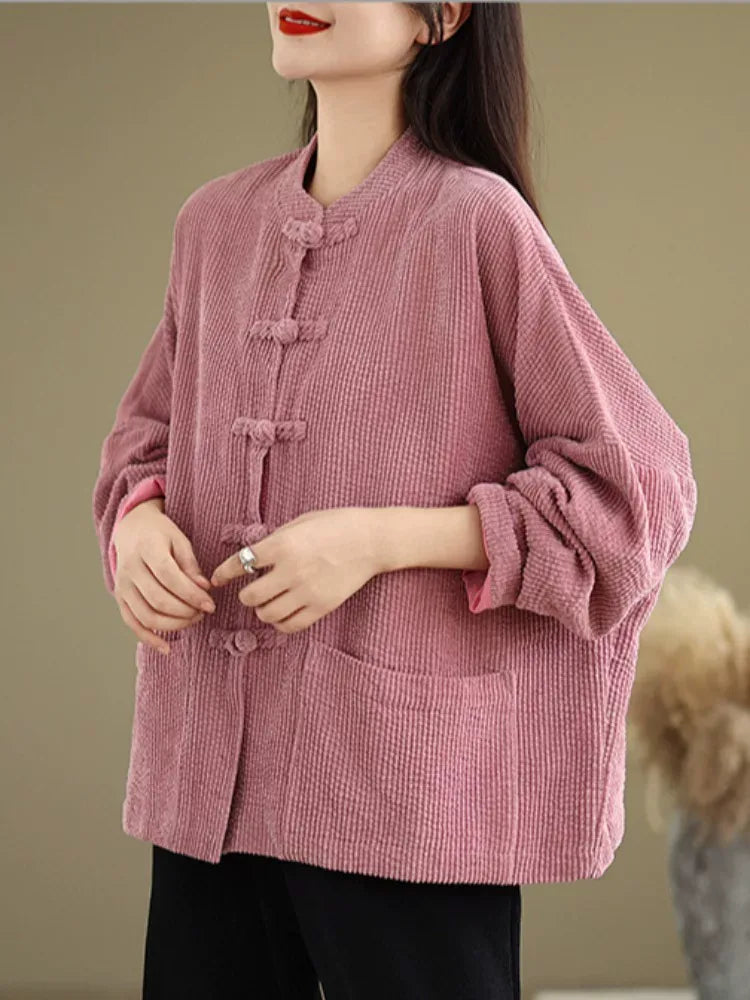 Corduroy Frog Button Mandarin Collar Batwing Sleeve Jacket