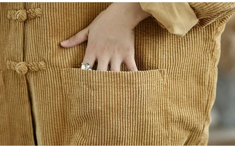 Corduroy Frog Button Mandarin Collar Batwing Sleeve Jacket