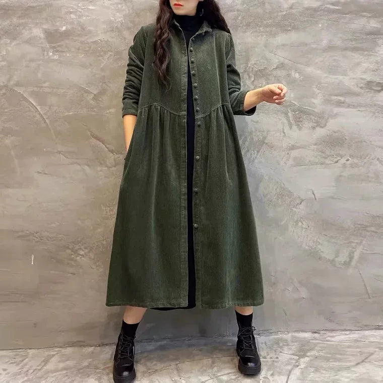 Corduroy Shirt Collar Coat Front Button Gathered Waist
