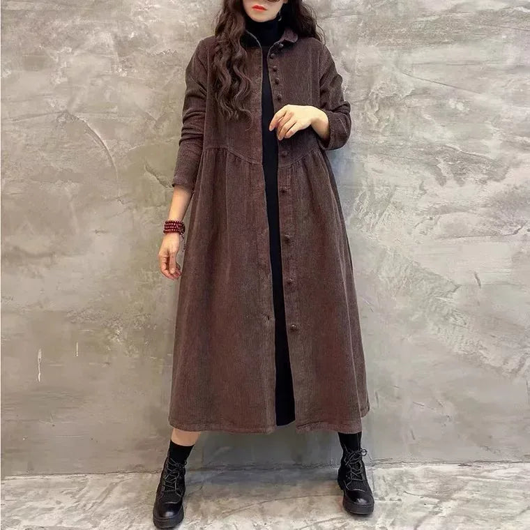 Corduroy Shirt Collar Coat Front Button Gathered Waist