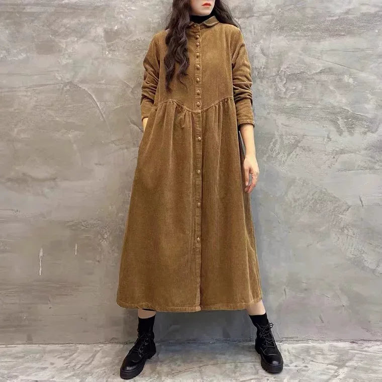 Corduroy Shirt Collar Coat Front Button Gathered Waist