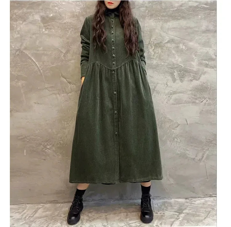 Corduroy Shirt Collar Coat Front Button Gathered Waist