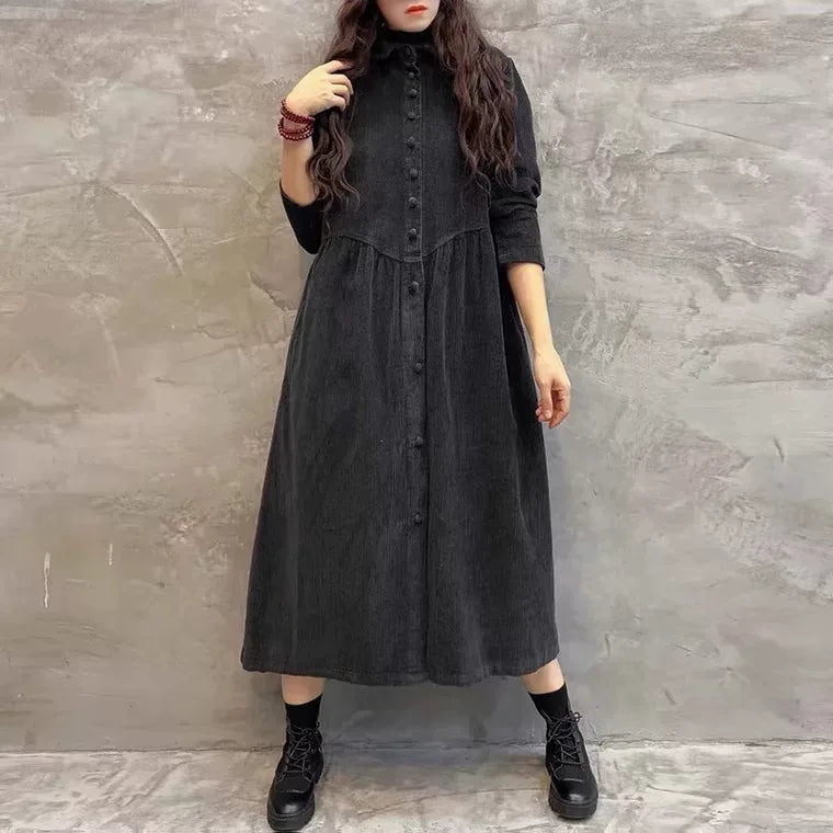 Corduroy Shirt Collar Coat Front Button Gathered Waist