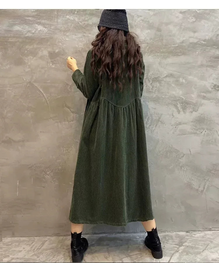 Corduroy Shirt Collar Coat Front Button Gathered Waist