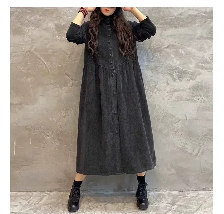 Corduroy Shirt Collar Coat Front Button Gathered Waist